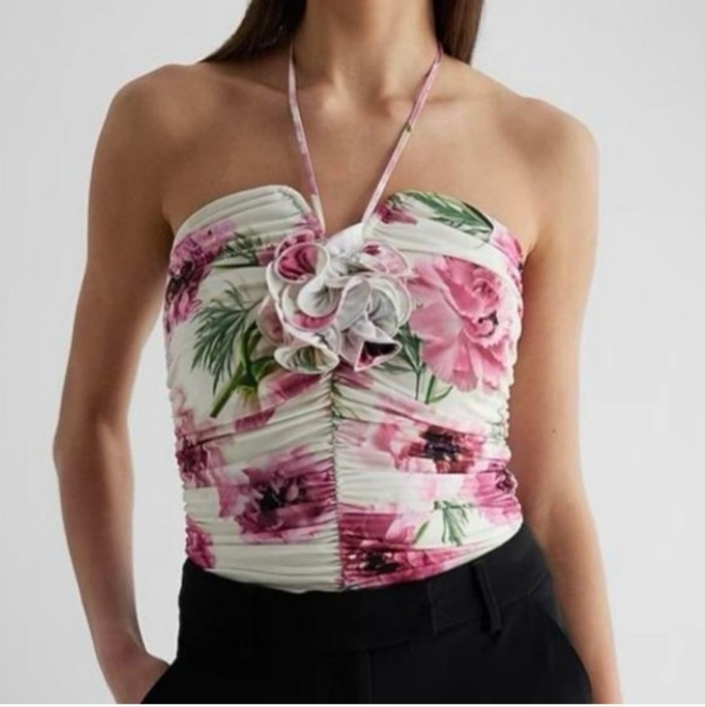 Express Body Contour Compression Floral Halter Rosette Bodysuit Multi-Color Med
